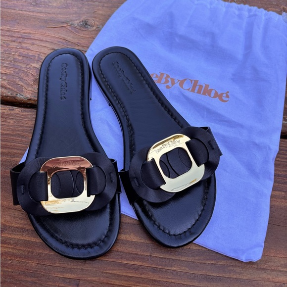 See By Chloe Black Sandals with Gold Buckle - Picture 1 of 6